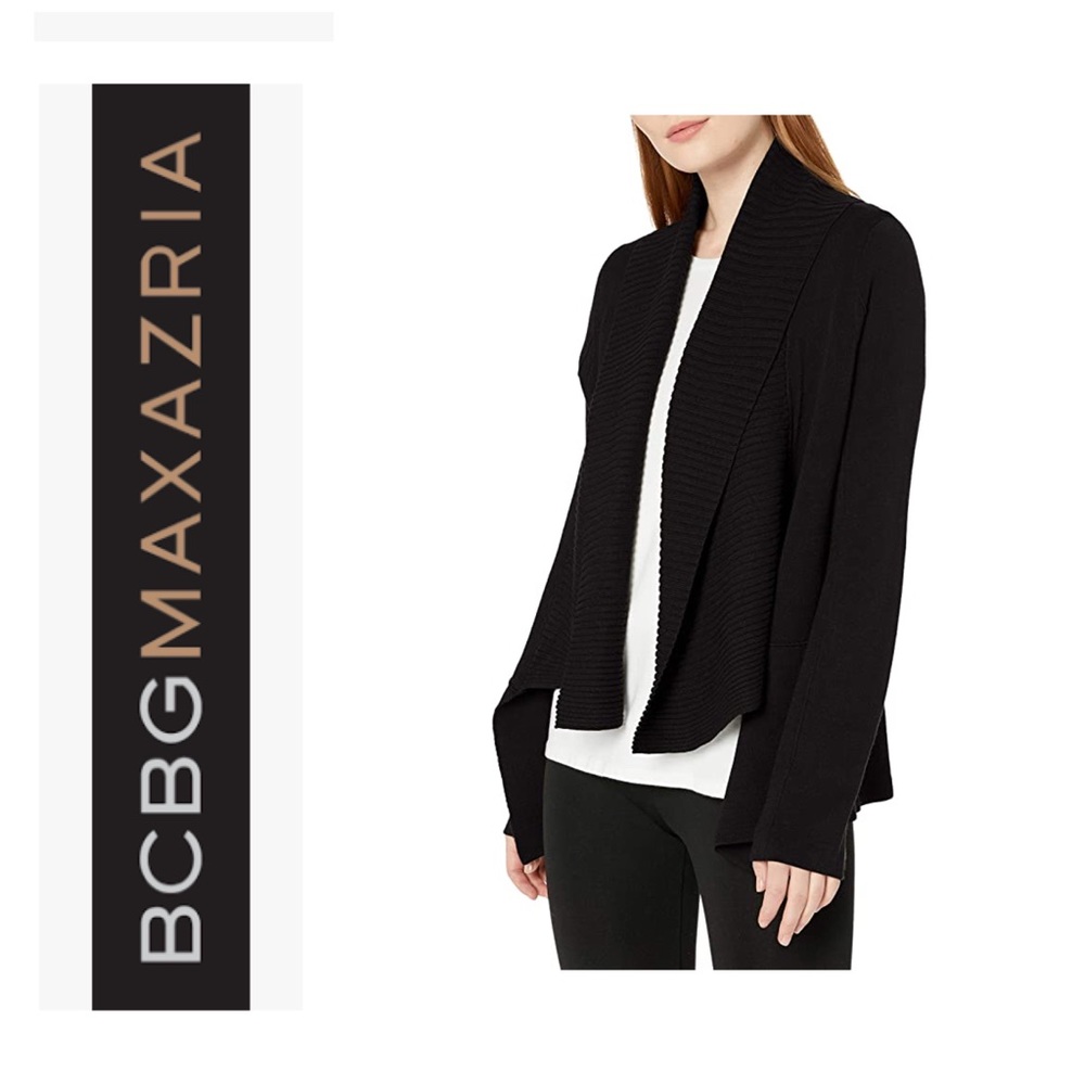 BCBG “Roman” ribbed collar open cardigan
